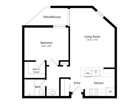 Floor plan for 1 bed, 1 bath, 613 sqft